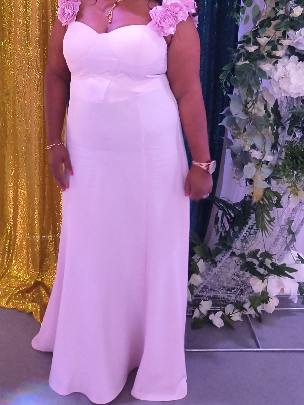Fashion Nova Pink Floral-Shoulder Maxi Dress